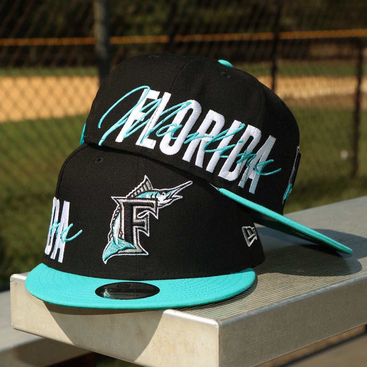 The Cooperstown Florida Marlins MLB Side Font Green Bottom 9Fifty Snapback Cap | Black Snap Cap