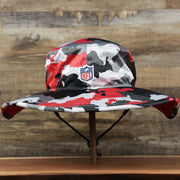 The backside of the Atlanta Falcons NFL Summer Training Camp 2022 Camo Bucket Hat | Red Bucket Hat