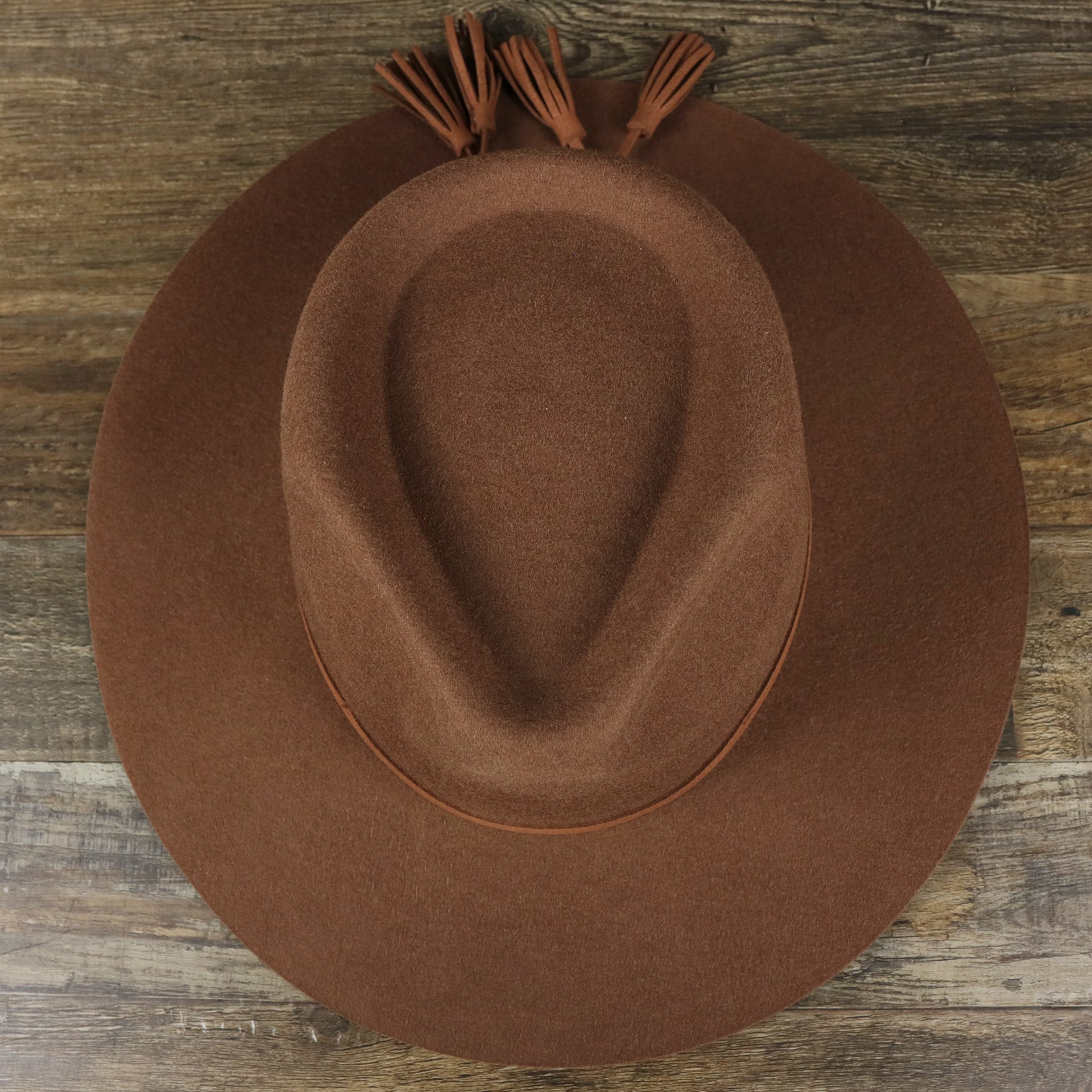 An overhead view of the Wide Brim Ribbon Edge Brown Fedora Hat with Black Silk Interior | Zertrue 100% Australian Wool