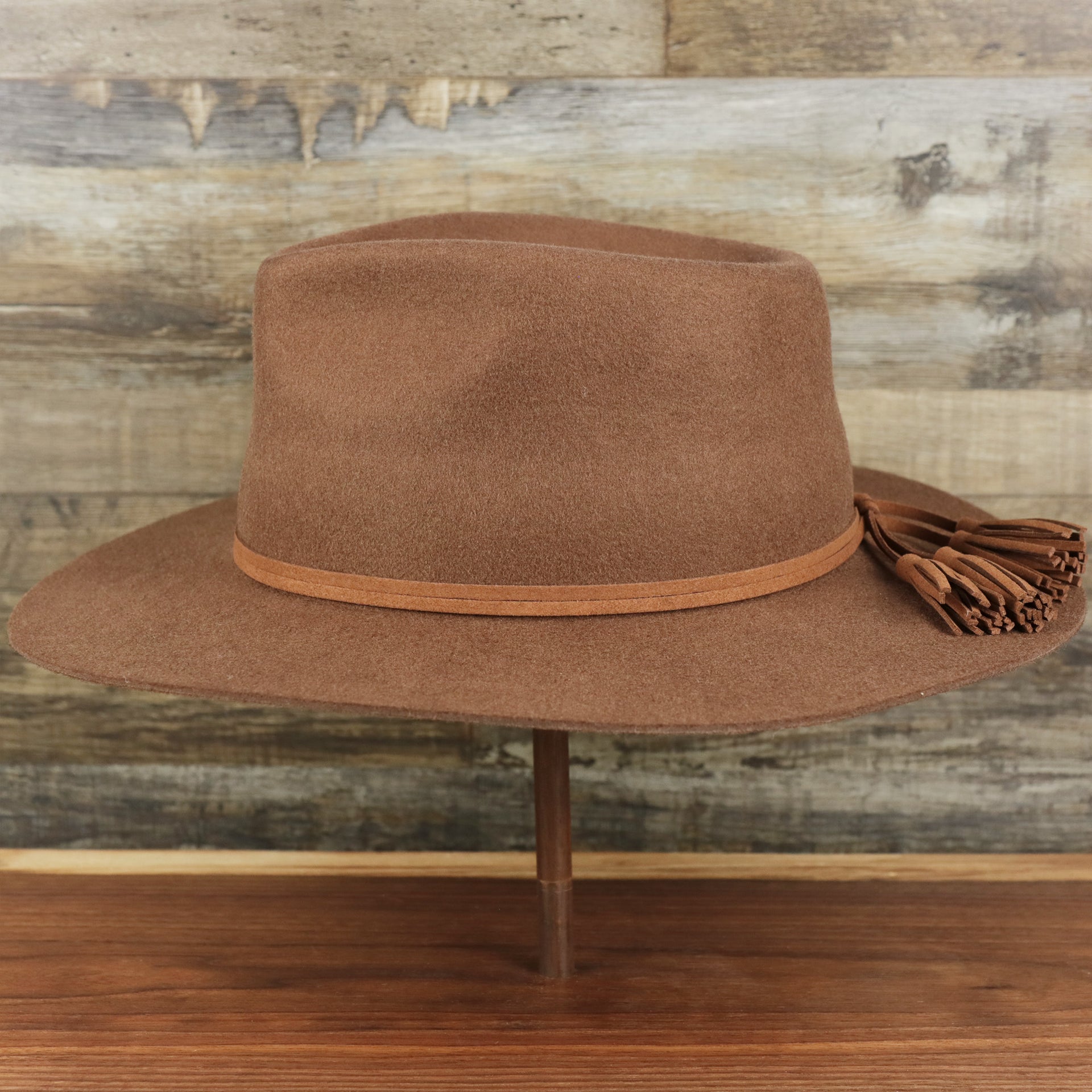 The side of the Wide Brim Ribbon Edge Brown Fedora Hat with Black Silk Interior | Zertrue 100% Australian Wool