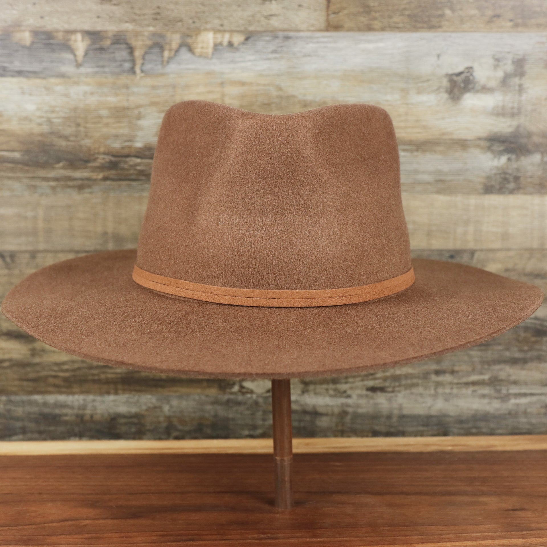The front of the Wide Brim Ribbon Edge Brown Fedora Hat with Black Silk Interior | Zertrue 100% Australian Wool