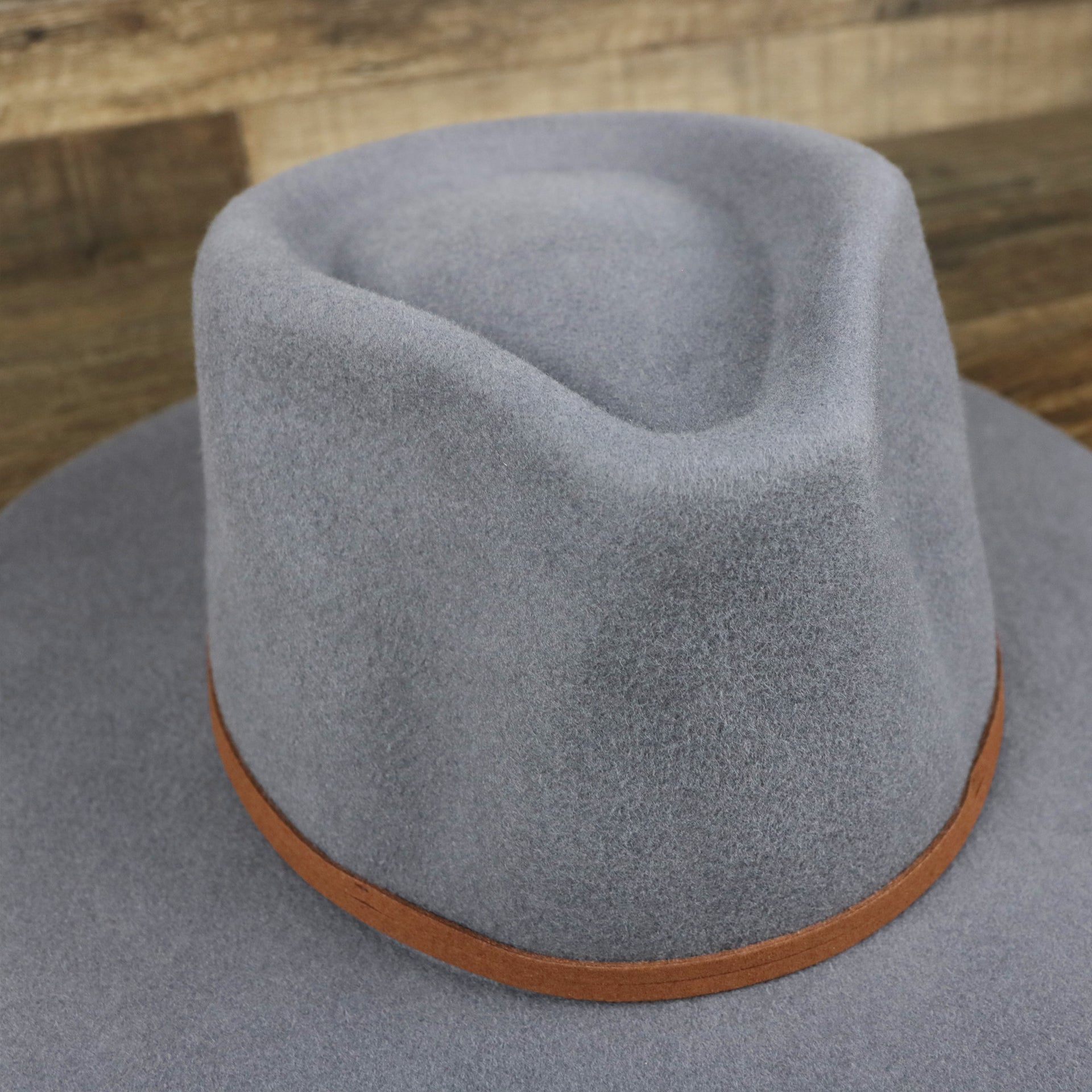 The crown on the Wide Brim Raw Edge Gray Fedora Hat with Black Silk Interior | Zertrue 100% Australian Wool