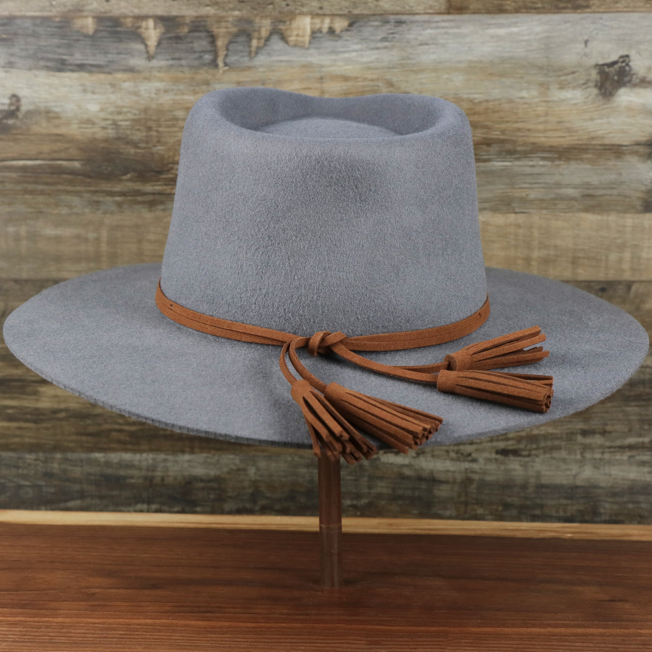 The backside of the Wide Brim Raw Edge Gray Fedora Hat with Black Silk Interior | Zertrue 100% Australian Wool