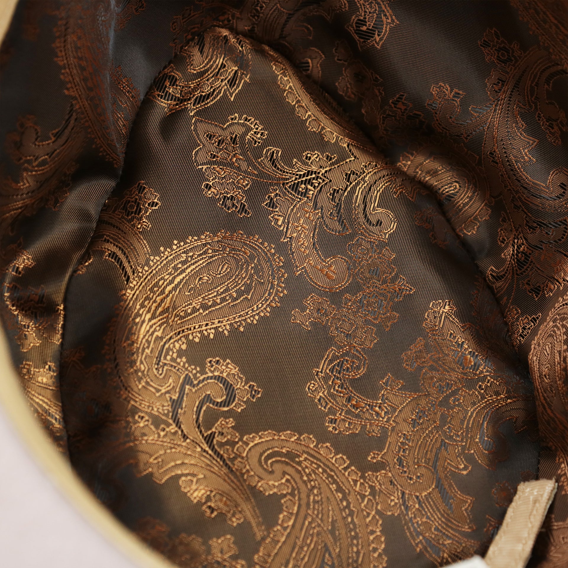 The interior of the Wide Brim Ribbon Trim Gray Fedora Hat with Brown Paisley Silk Interior | Zertrue 100% Australian Wool