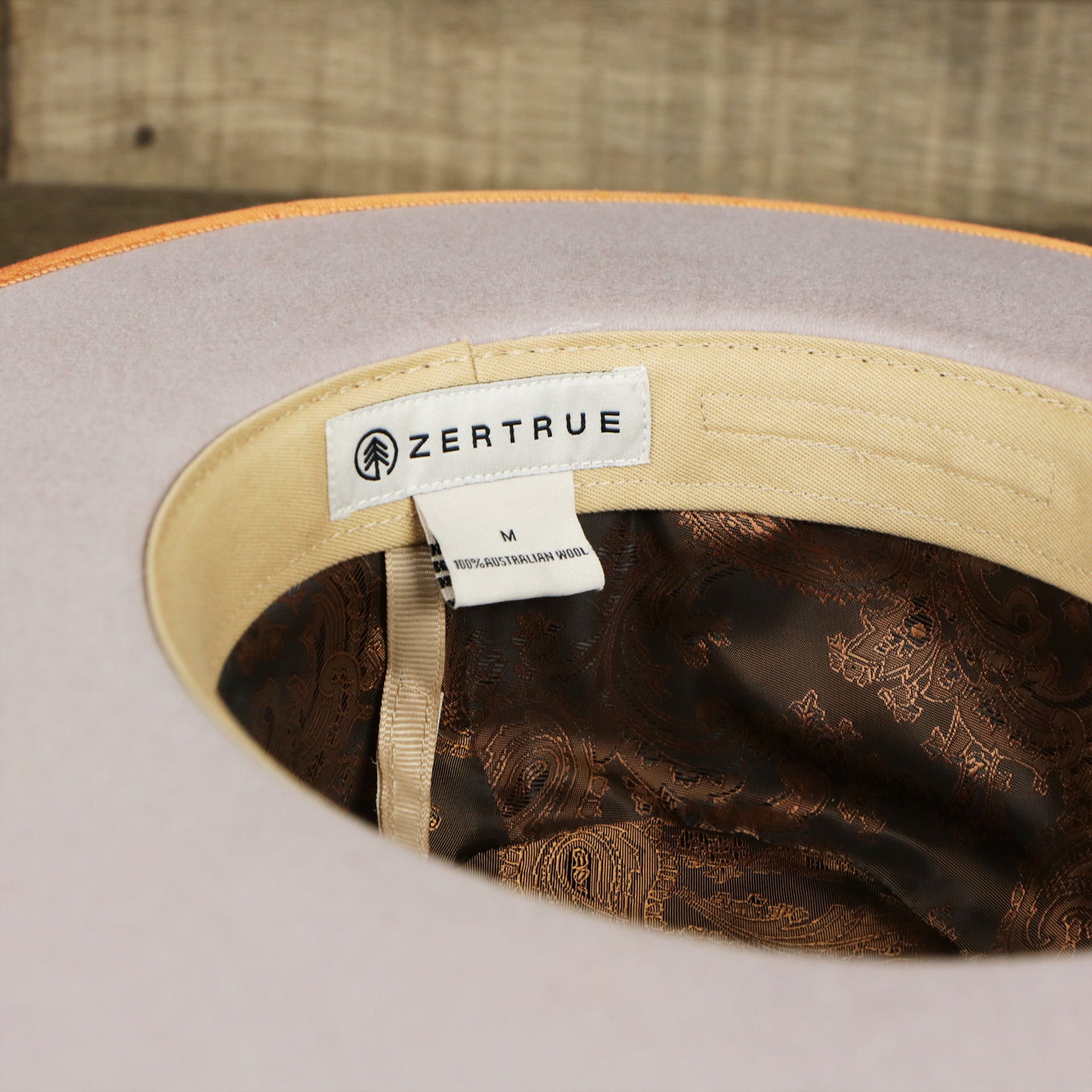 The underbrim of the Wide Brim Ribbon Trim Gray Fedora Hat with Brown Paisley Silk Interior | Zertrue 100% Australian Wool