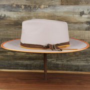 The side of the Wide Brim Ribbon Trim Gray Fedora Hat with Brown Paisley Silk Interior | Zertrue 100% Australian Wool