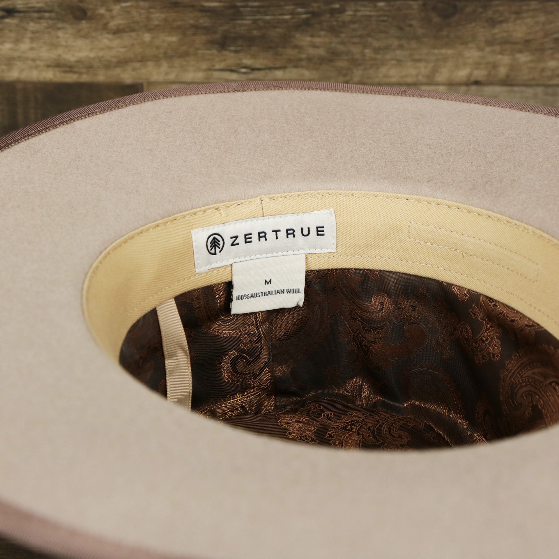 The underside of the Wide Brim Ribbon Edge Taupe Fedora Hat with Brown Paisley Silk Interior | Zertrue 100% Australian Wool