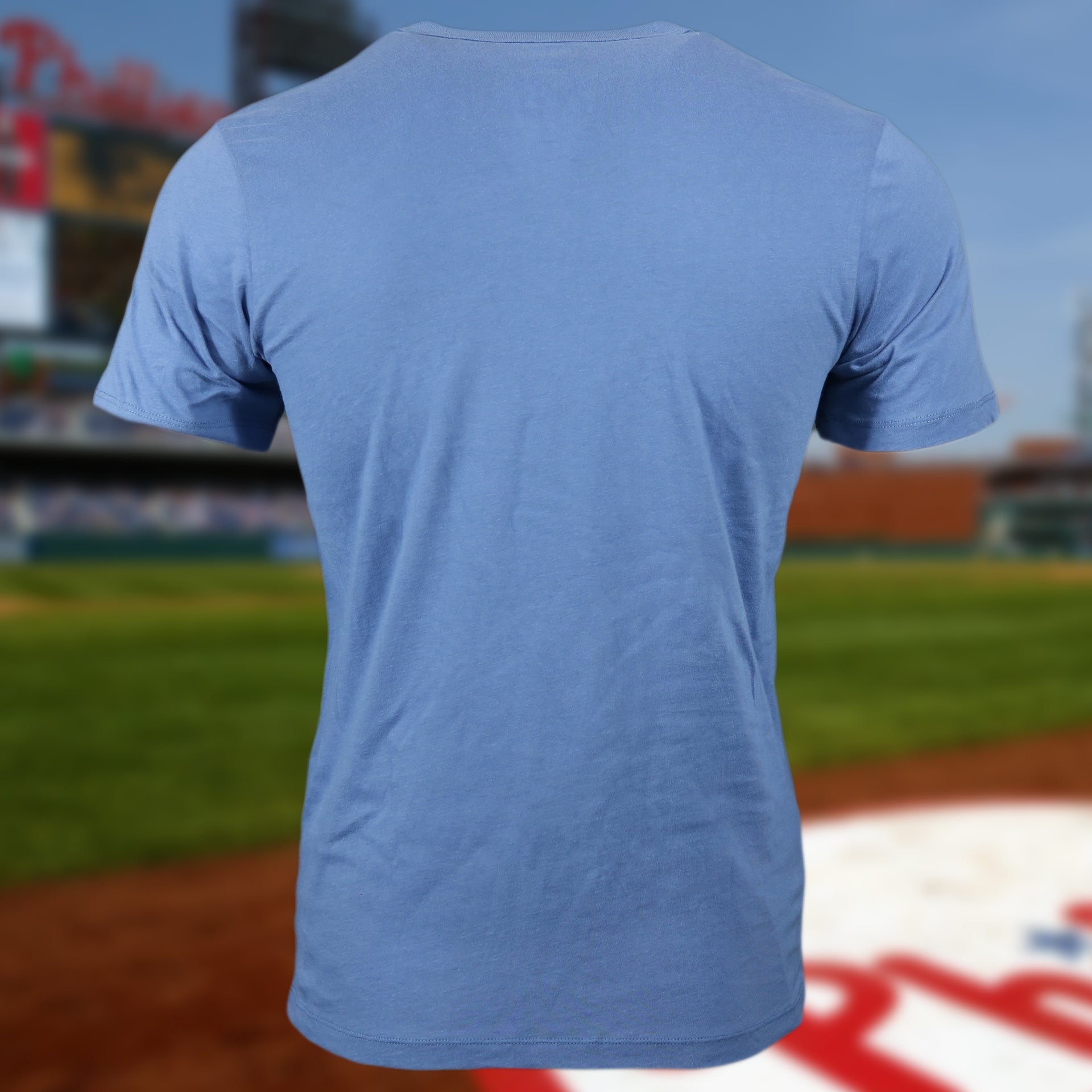 back side of the Philadelphia Phillies 2022 World Series Fightin' Phils Liberty Bell Premium Franklin Cadet Blue T-Shirt