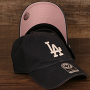 Top and bottom view of this cotton pink bottom dad hat for the Los Angeles Dodgers by 47 Brand.