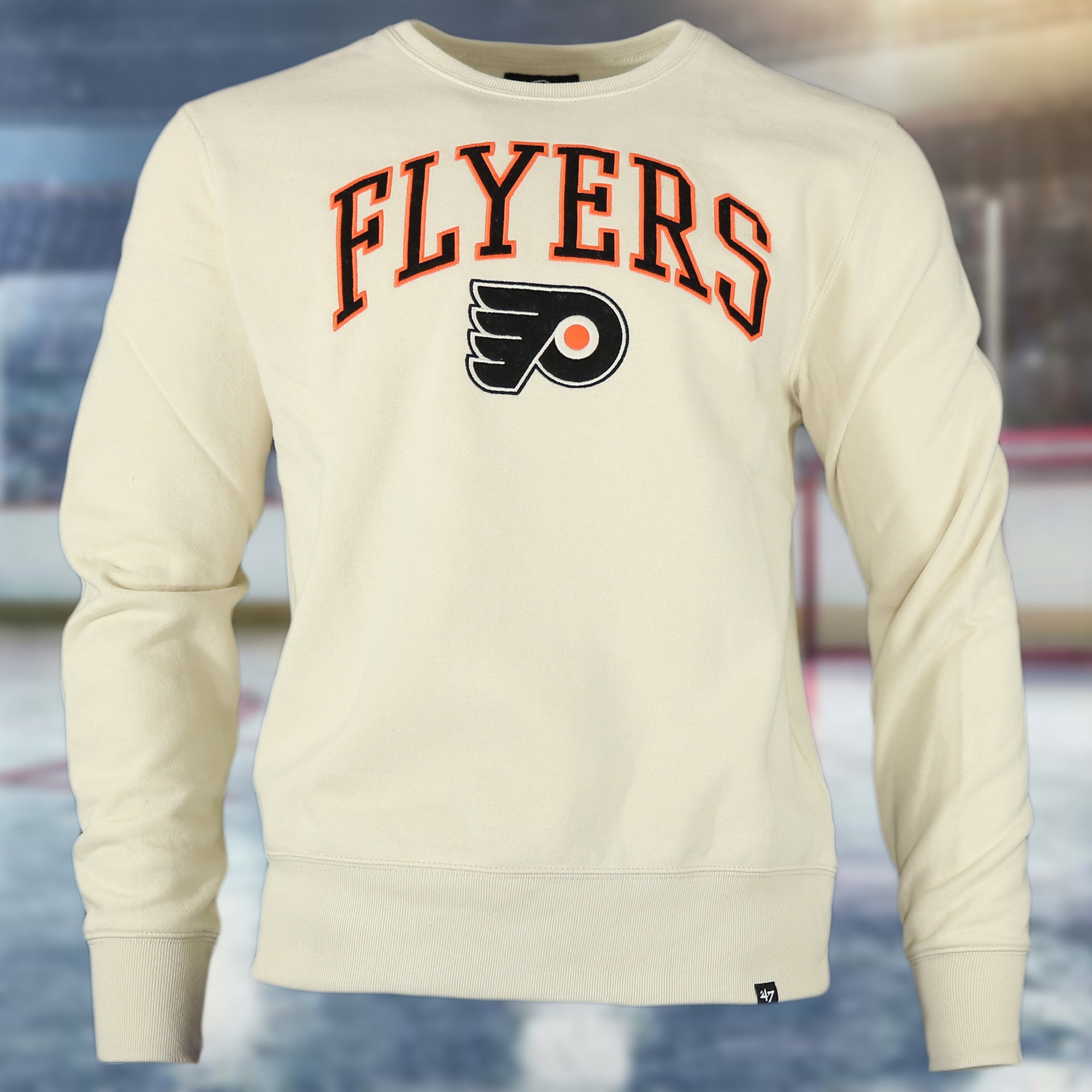 front of the Philadelphia Flyers Arch Logo Game Break Headline Natural Crewneck Sweatshirt