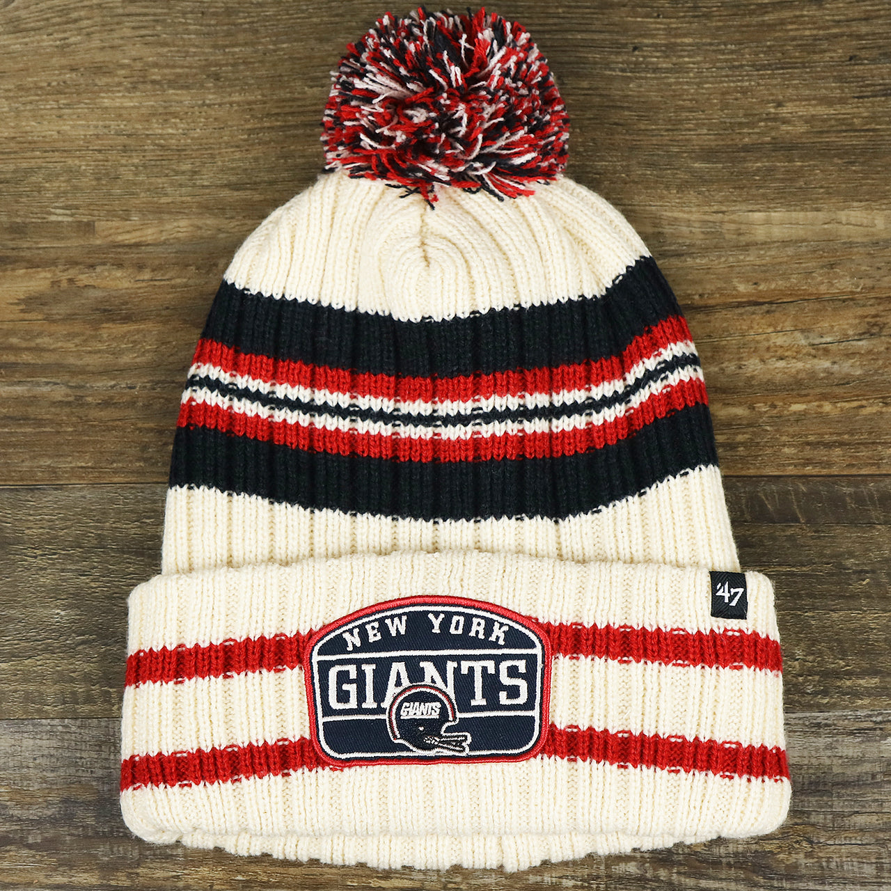 The Throwback New York Giants Legacy Giants Helmet Patch Pom Pom Beanie | Natural Beanie