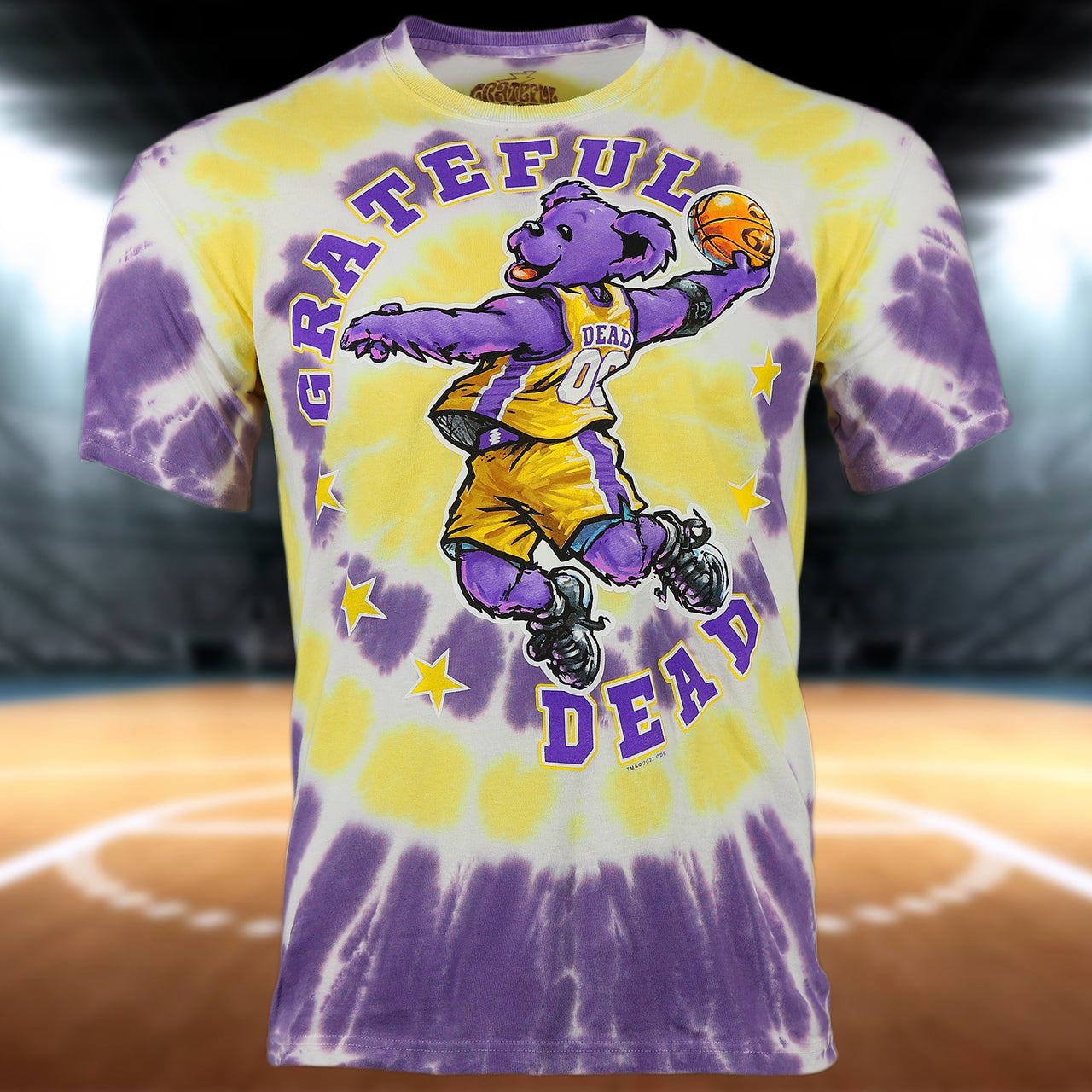 Los Angeles Basketball Grateful Dead Dunking Bear Purple Yellow Tie Dye T-Shirt | Liquid Blue