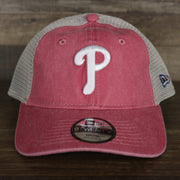 The front of the Philadelphia Phillies New Era 9Twenty Washed Trucker Youth hat