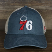 The front of the Philadelphia 76ers New Era 9Twenty Washed Trucker hat