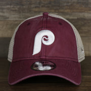 The front of the Philadelphia Phillies Cooperstown New Era 9Twenty Washed Trucker hat