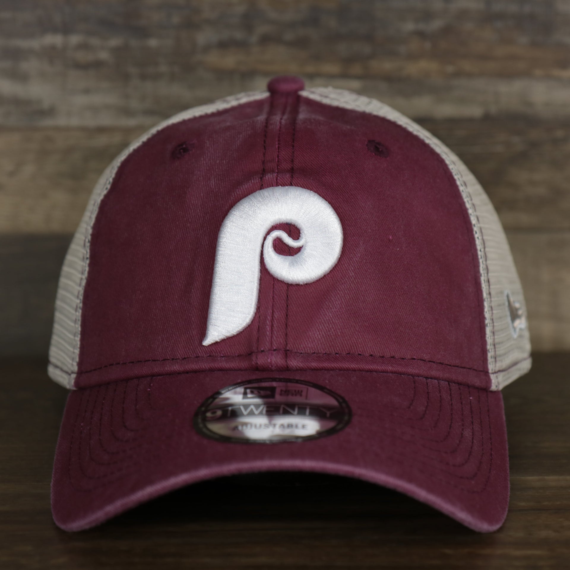 The front of the Philadelphia Phillies Cooperstown New Era 9Twenty Washed Trucker hat
