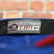 Cooperstown collection tag on the inside of the Texas Rangers American Needle Green Bottom Throwback Blue Wool Dad Hat | OSFM