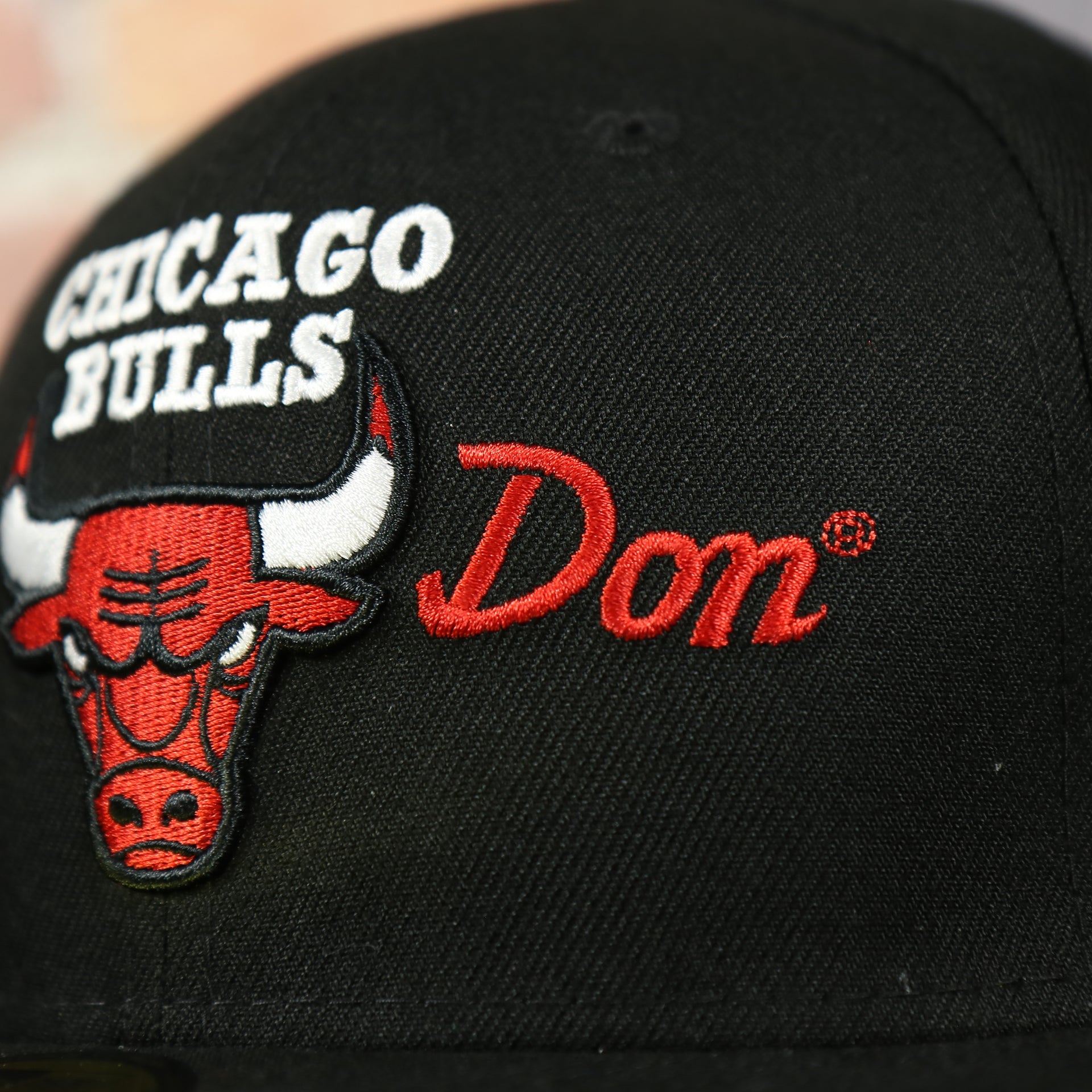 the word Don on the Just Don X NBA Chicago Bulls All Star Weekend Black 59Fifty Fitted Cap