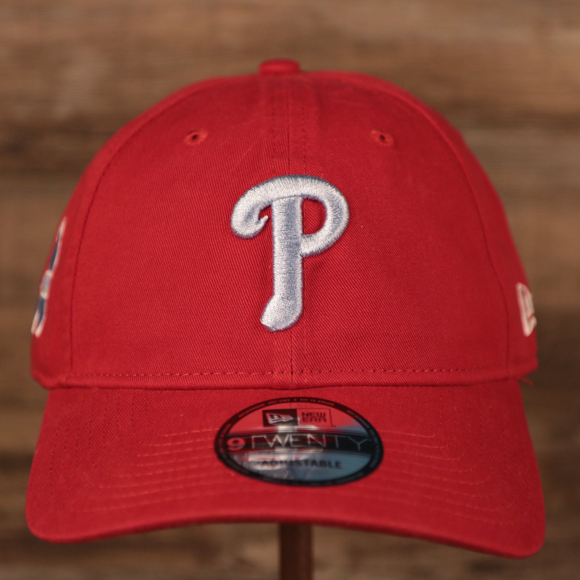 The front side of the red Philadelphia Phillies 920 dad hat for the 2021 fathers day by New Era.