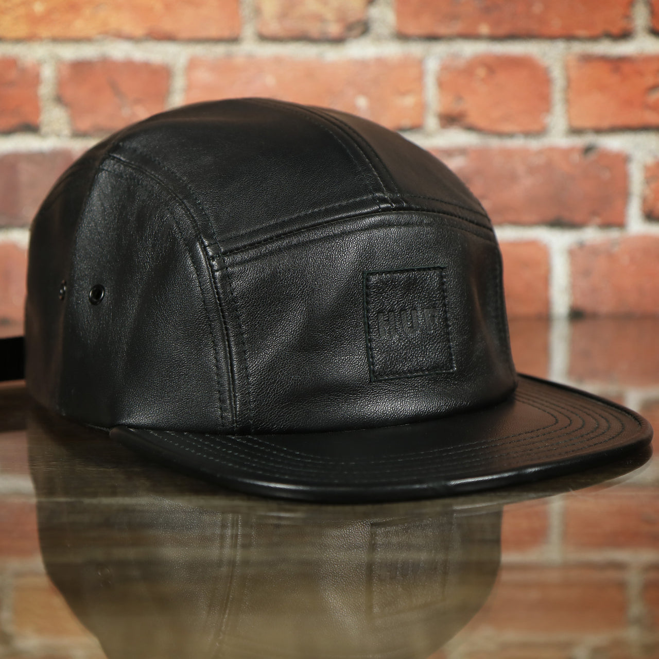 Huf 100% Genuine Lambskin Leather Black Five Panel Strapback Hat