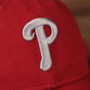 A close up of the light blue Phillies logo patch on the front side of the Philadelphia Phillies fathers day 2021 MLB 9twenty dad hat by New Era.