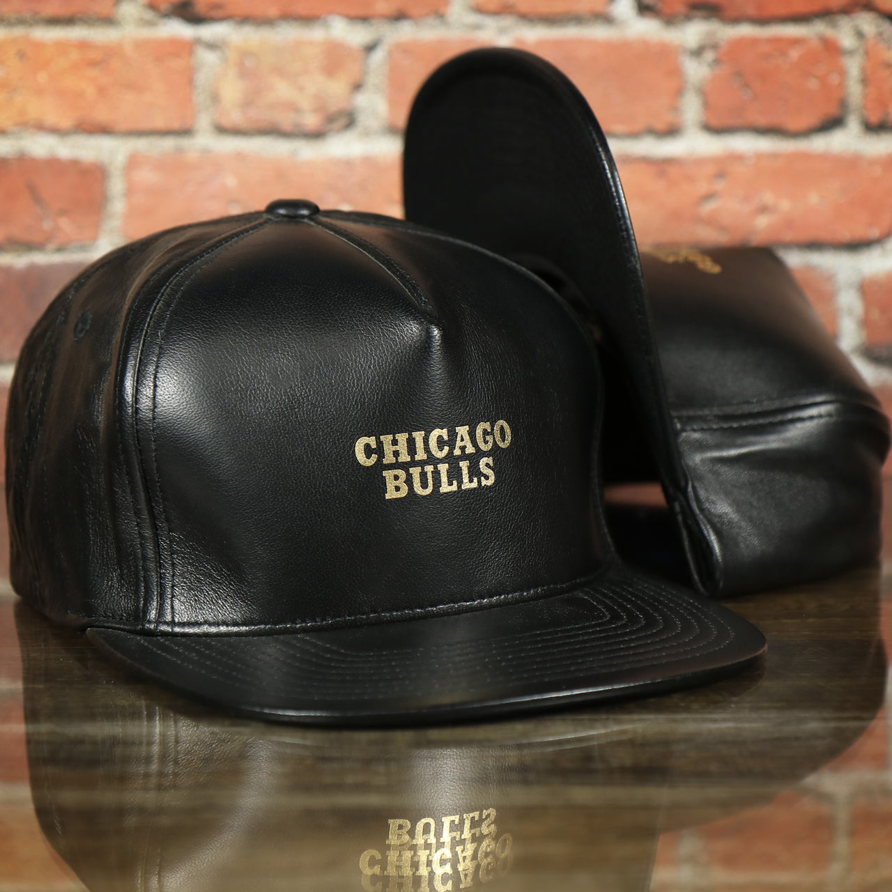Chicago Bulls Leather Snapback | Black Bulls Snap Back with Gold Foil Design
