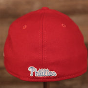 The light blue Phillies patch on the backside of the red Philadelphia Phillies MLB fathers day hats by New Era.