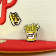cheese fries on the matching fitted hat for the Philadelphia Cheese Fries Fitted Cap Pin | Enamel Pin for Side Patch Fitted Hat
