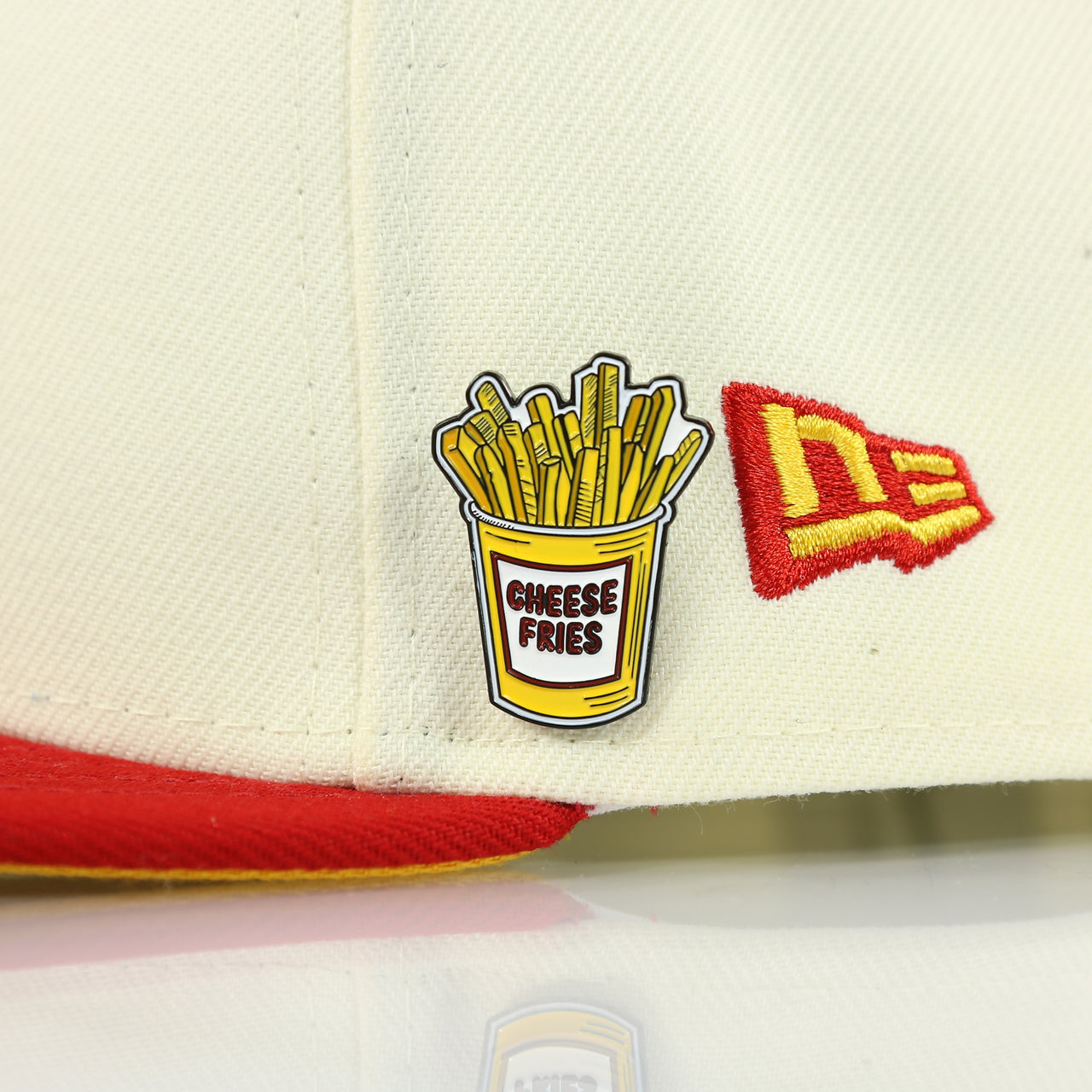 pin on the matching fitted hat for the Philadelphia Cheese Fries Fitted Cap Pin | Enamel Pin for Side Patch Fitted Hat