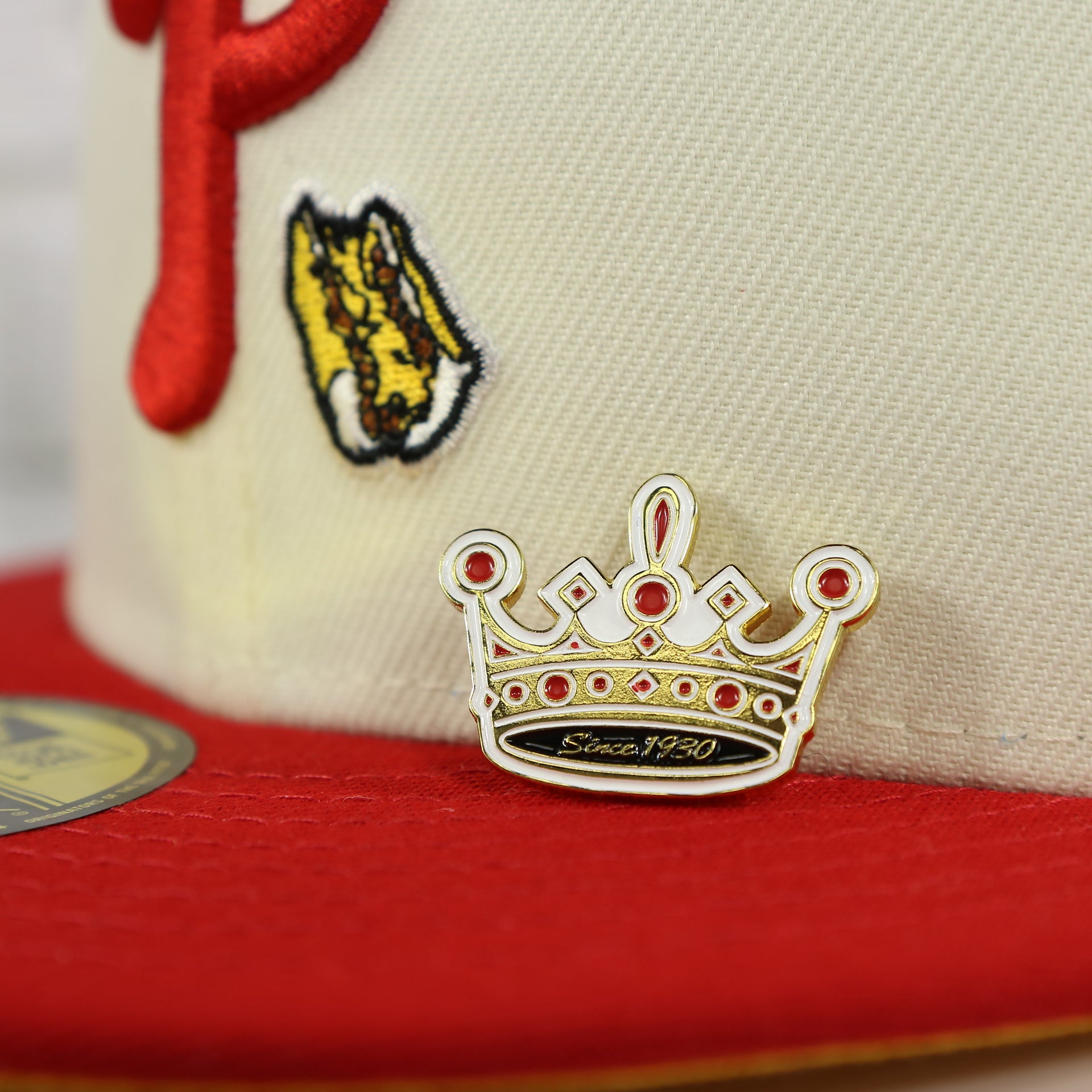 crown on the matching fitted hat for the Philadelphia Cheesesteak Crown Fitted Cap Pin | Enamel Pin for Side Patch Fitted Hat