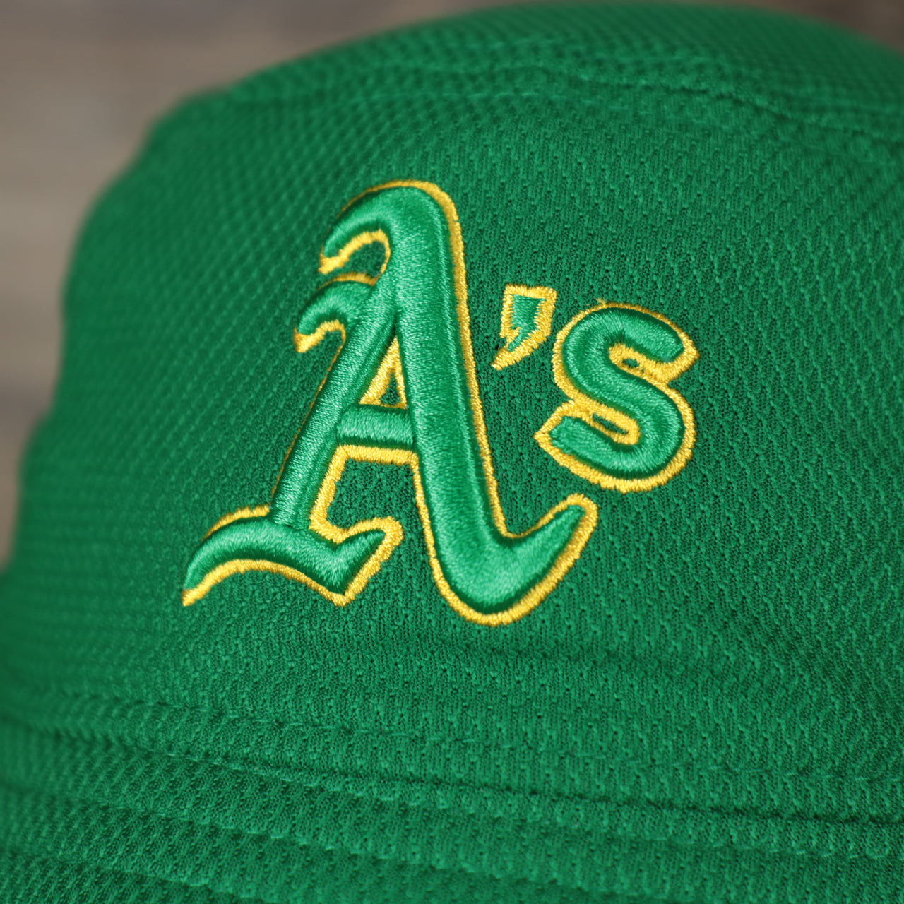 A close up of the Athletics logo on the Oakland Athletics MLB 2022 Spring Training Onfield Bucket Hat