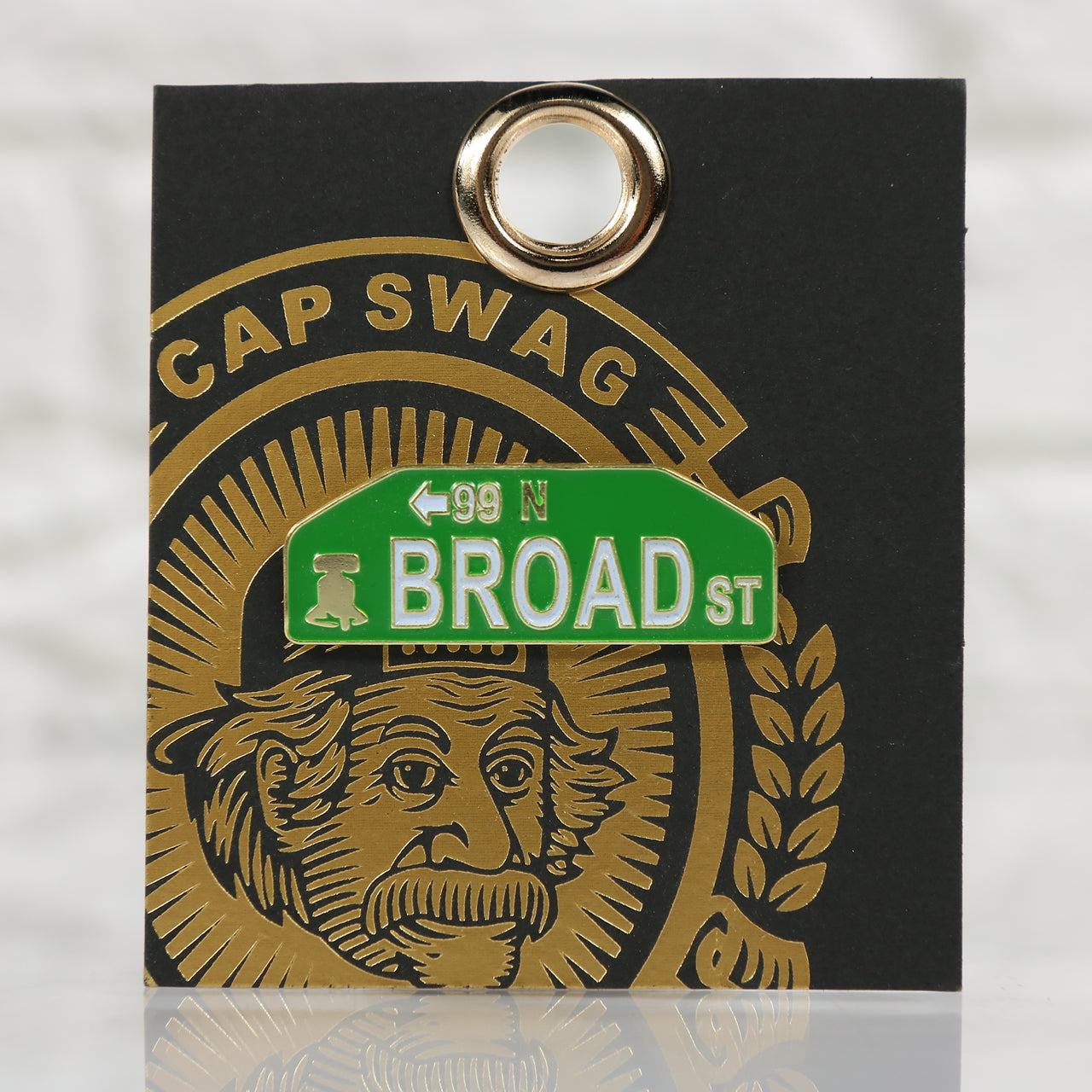 front of the Broad Street Sign Fitted Cap Pin | Enamel Pin For Hat