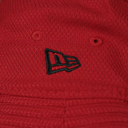 A close up of the New Era logo on the Cincinnati Reds MLB 2022 Spring Training Onfield Bucket Hat