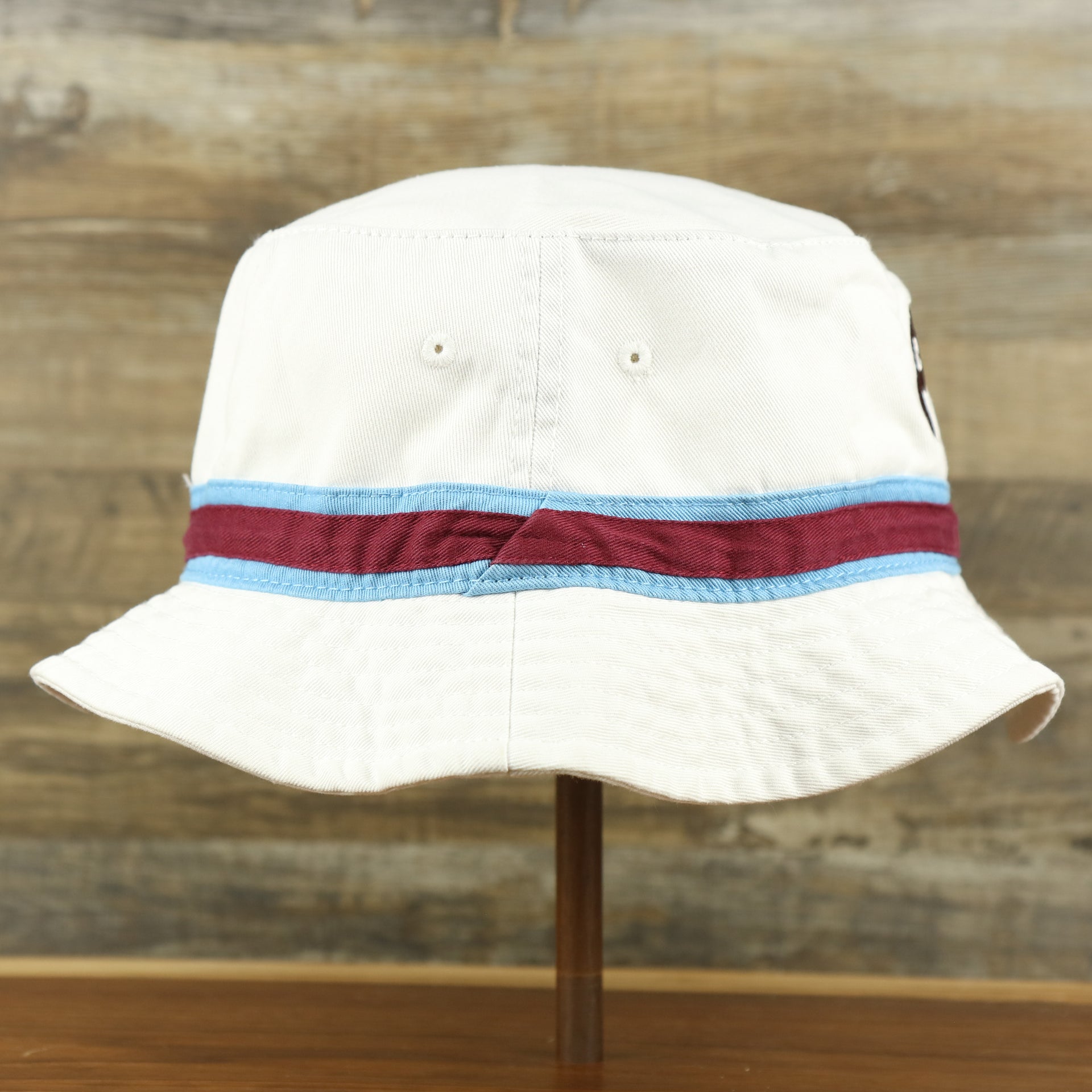 The wearer's right on the Cooperstown Philadelphia Phillies Striped Bucket Hat | White Bucket Hat