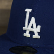 A close up of the logo on the Los Angeles Dodgers Jackie Robinson Side Patch 59Fifty Black Bottom Fitted Cap