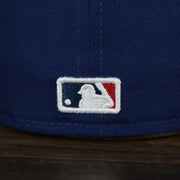 A close up of the MLB Batterman on the Los Angeles Dodgers Jackie Robinson Side Patch 59Fifty Black Bottom Fitted Cap