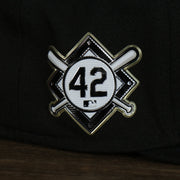 A close up of the Metallic Side on the Chicago White Sox Jackie Robinson Side Patch 59Fifty Black Bottom Fitted Cap