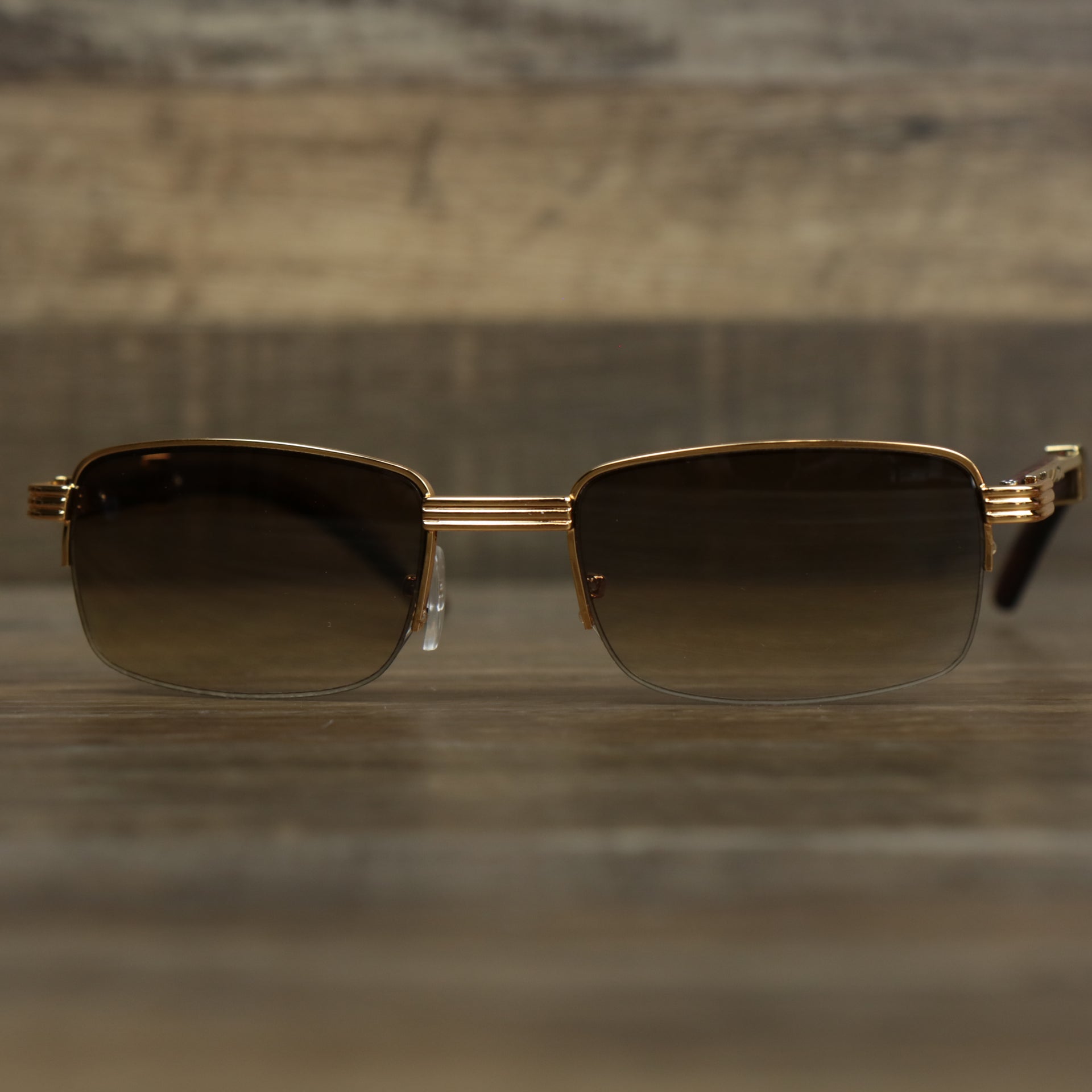 The Rectangle 3 Row Frame Brown Gradient Lens Sunglasses with Gold Frame