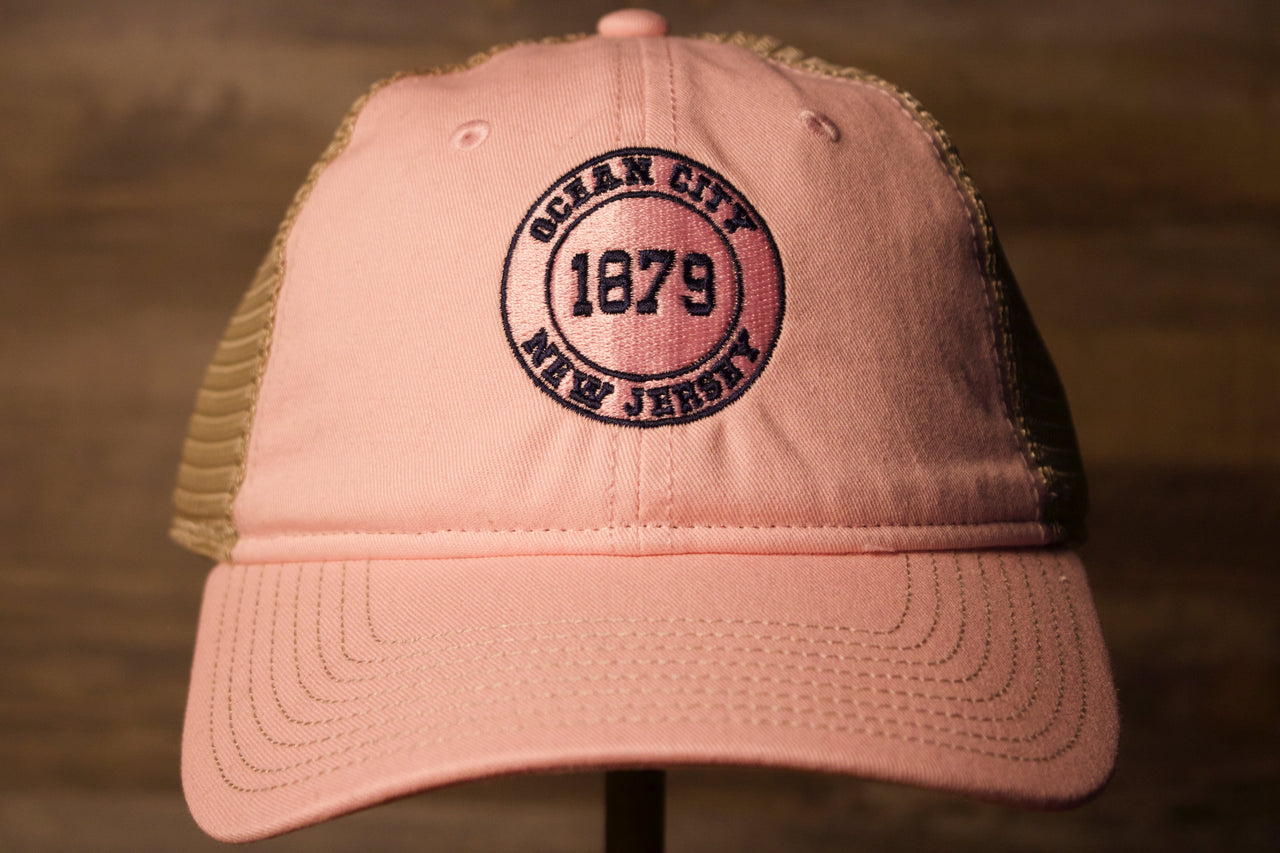 Ocean city Trucker hat Pink khaki | ocnj trucker hat pink womens hat the front of this hat has they city name, the state, and the year it was founded