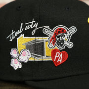 script lettering, alternate team logo, and state shape outline on the Pittsburgh Pirates "City Cluster" Side Patch Gray Bottom Black 59Fifty Fitted Cap