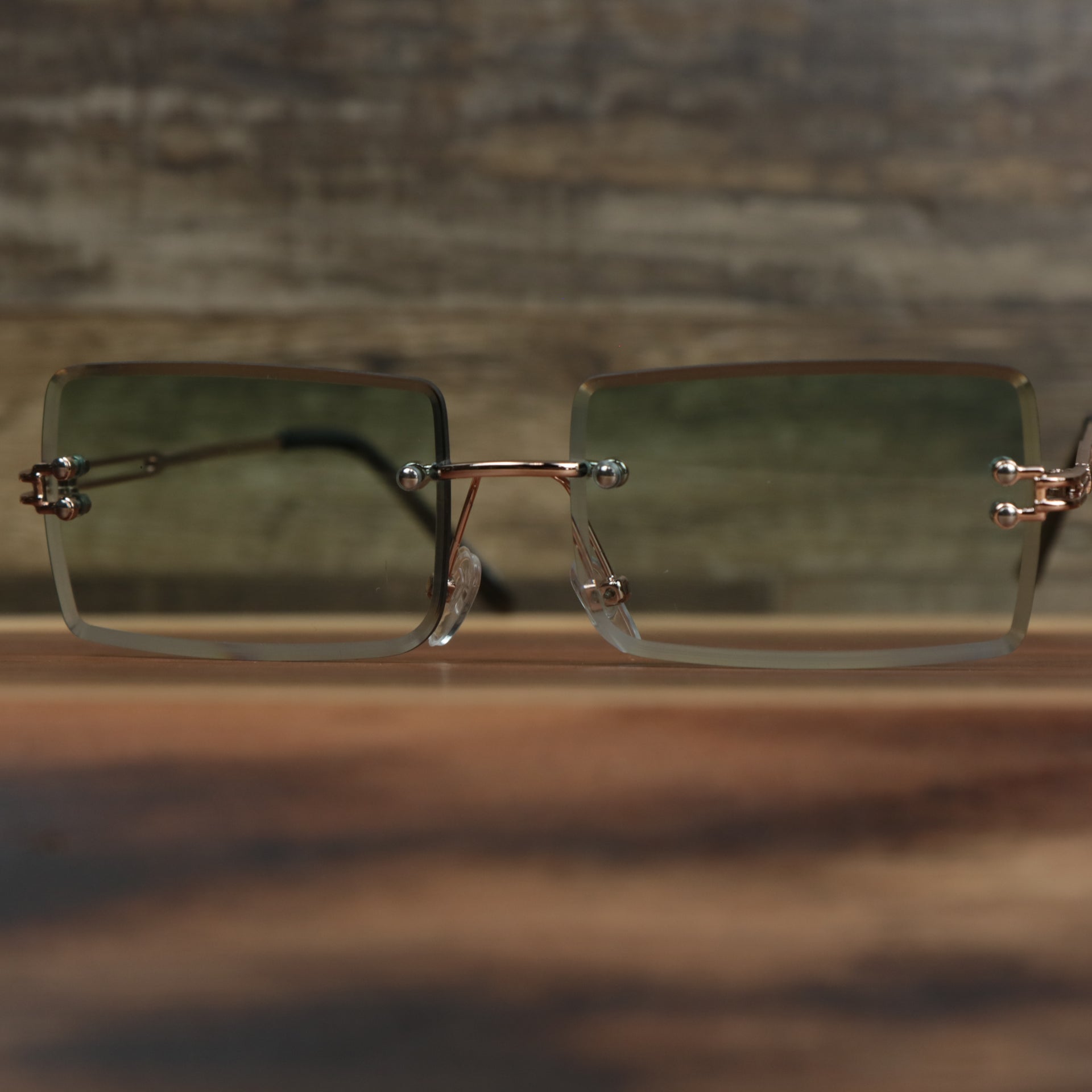 The Rectangle Frame Green Lens Sunglasses with Gold Frame