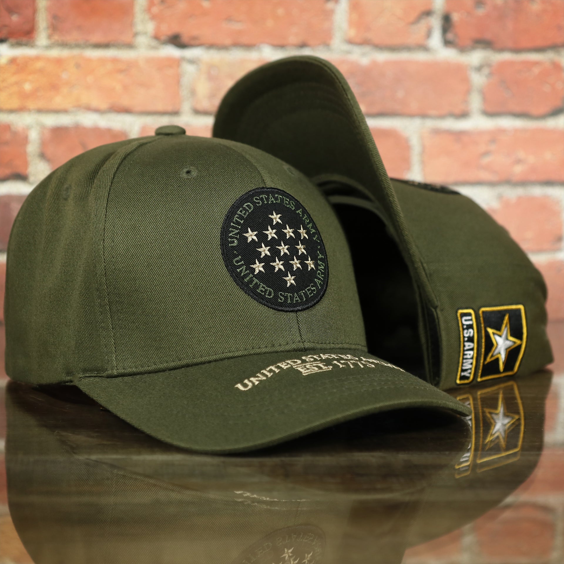 front and bottom of the US Army EST 1775 Olive Snapback Hat | Olive OSFM