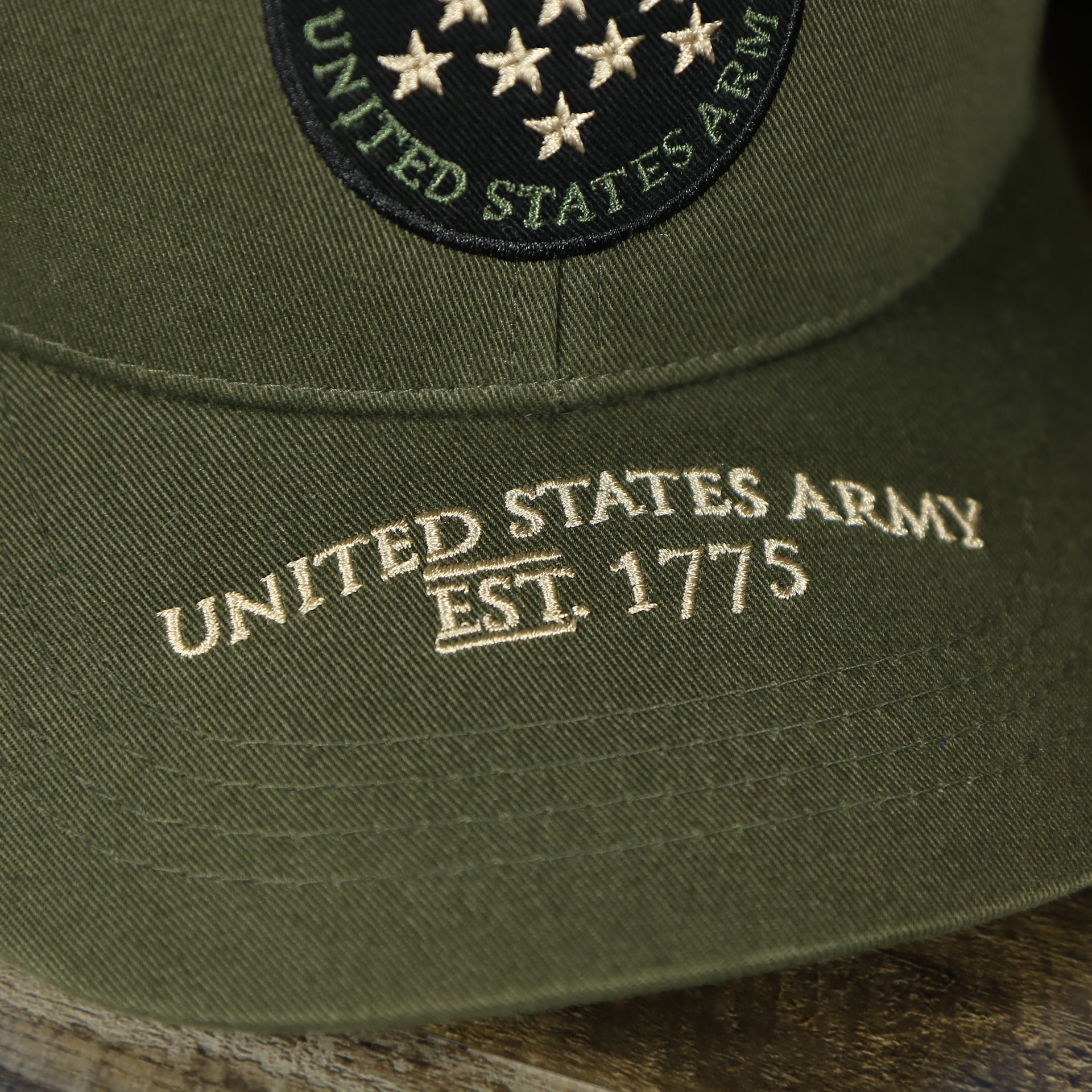 est date on the brim of the US Army EST 1775 Olive Snapback Hat | Olive OSFM