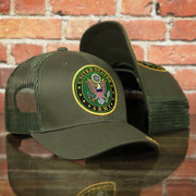 front of the US Army Seal Logo Mesh Back Olive Trucker Snapback Hat | Olive OSFM