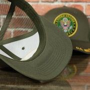 underside of the US Army Seal Logo Mesh Back Olive Trucker Snapback Hat | Olive OSFM