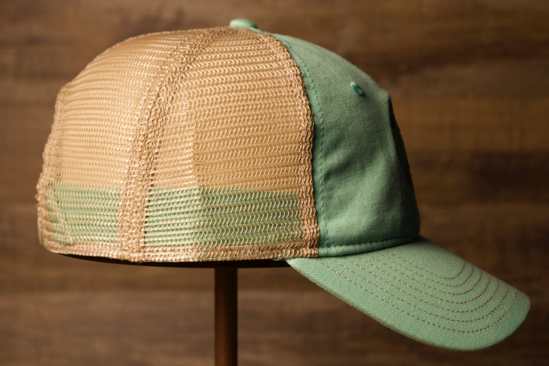 Wildwood New Jersey Mint Green / Khaki Mesh-Back Trucker Hat the wearers right side is a trucker style 