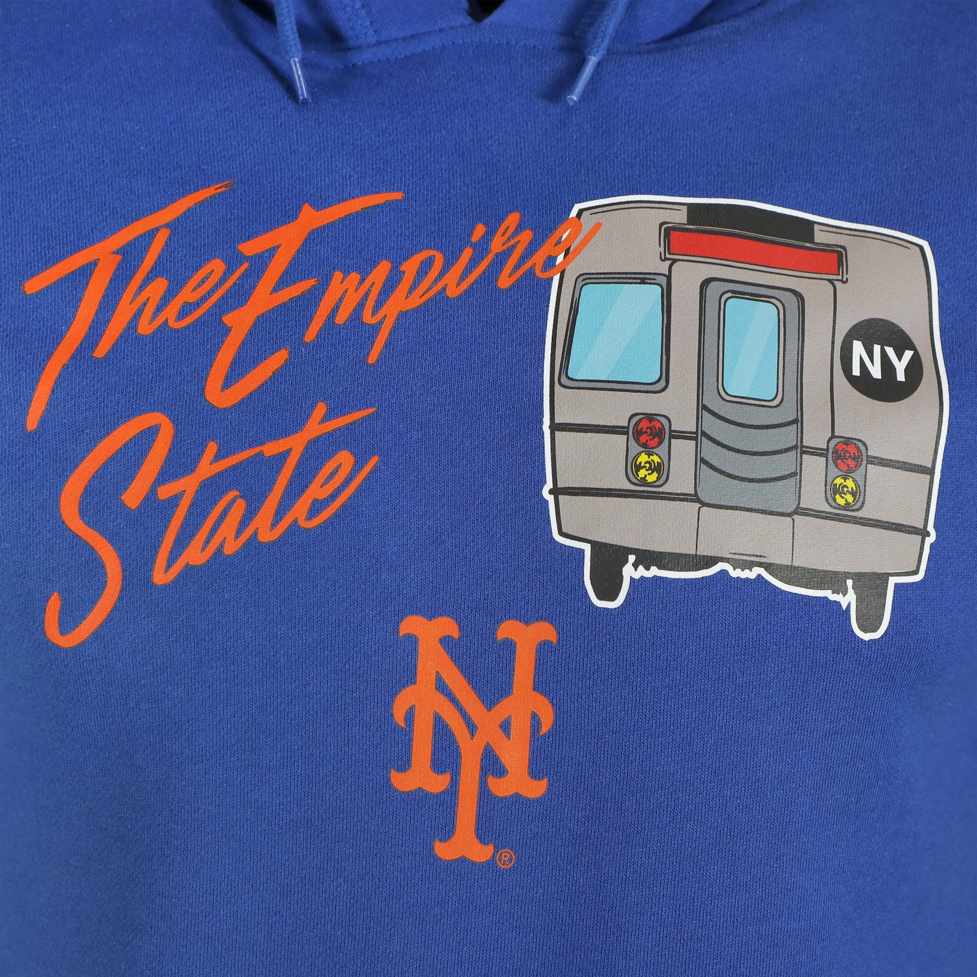 mets logo on the New York Mets "City Transit" 59Fifty Fitted Matching Royal Pullover Hoodie