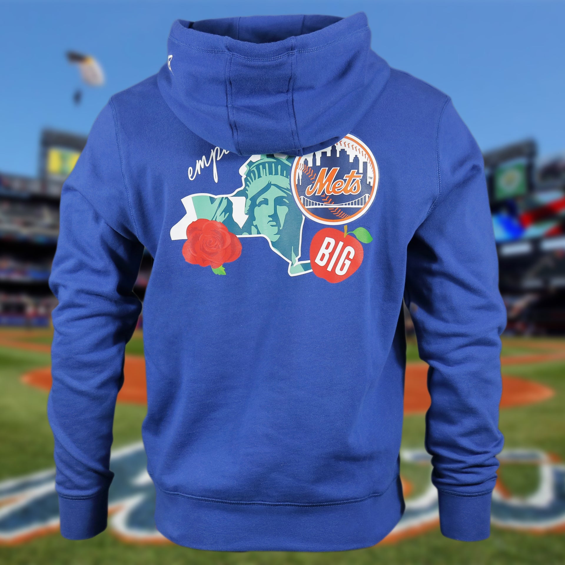 back side of the New York Mets "City Cluster" 59Fifty Fitted Matching Royal Pullover Hoodie