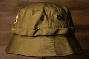 the wearers right side is a plain olive green side Steelers Bucket Hat | Pitsburgh Steelers 2019 Salute To Service Boonie Bucket Hat | Olive Green | OSFM