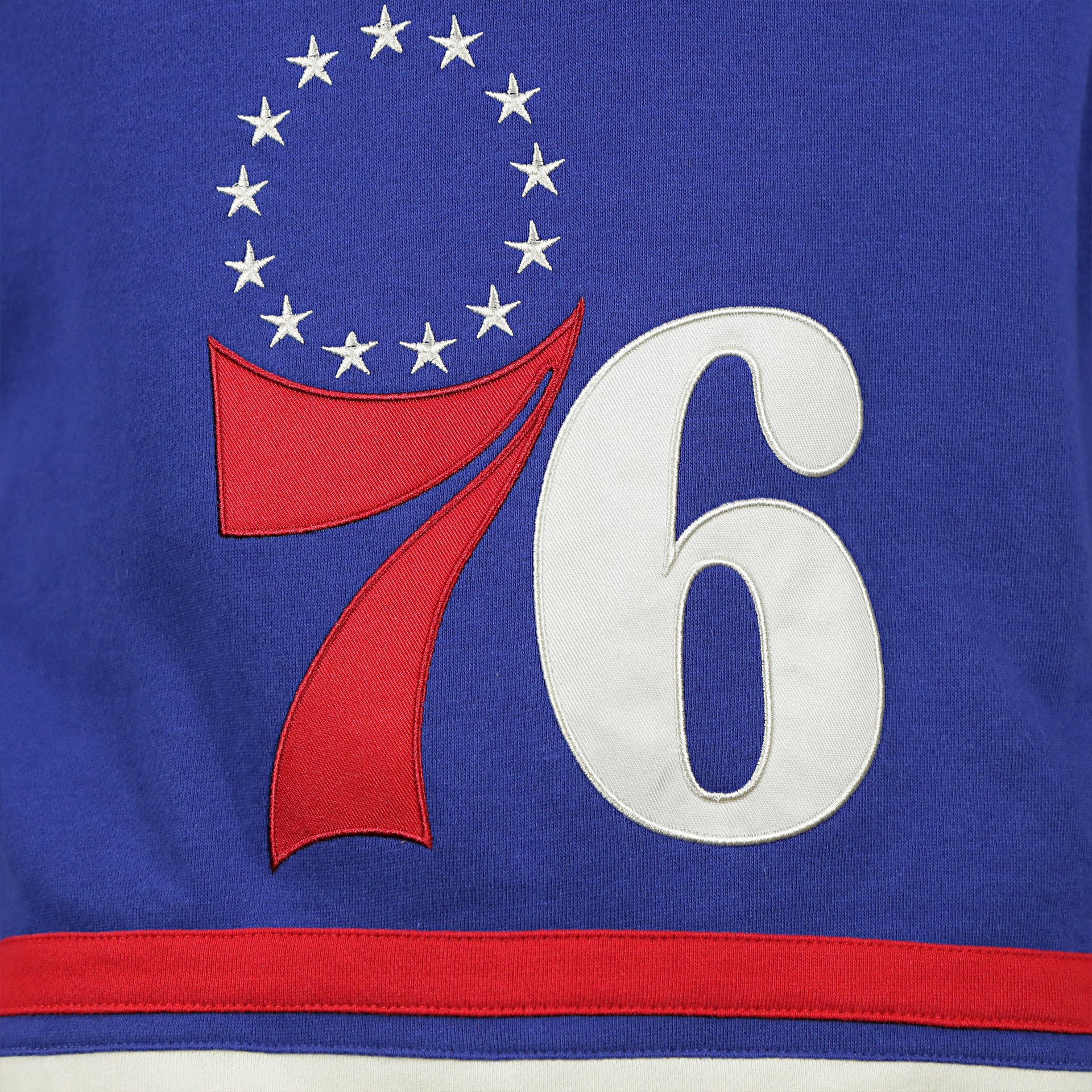 76ers  logo on the Philadelphia 76ers Vintage Hockey 47 Lacer Hoodie |  Blue, Red, White